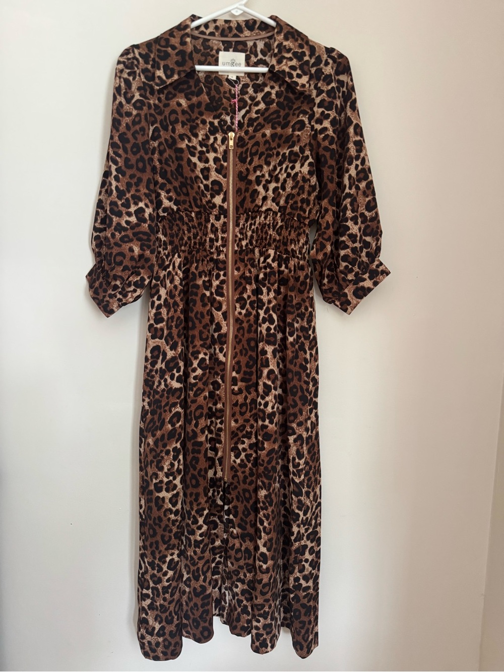 Umgee Leopard Print Zip Front Midi Dress Women’s Small NWT Smocked Waist KO449